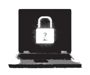 Black-and-white illustration of a padlock on a laptop, symbolizing computer forensics services.